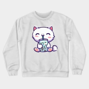 a cute cat holding and drinking boba tea Crewneck Sweatshirt